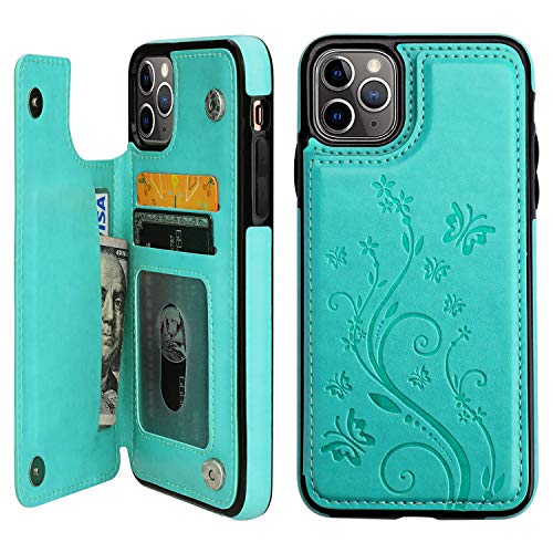 Vaburs for iPhone 11 Pro Max Wallet Case Card Holder Butterfly, Green - color: Green