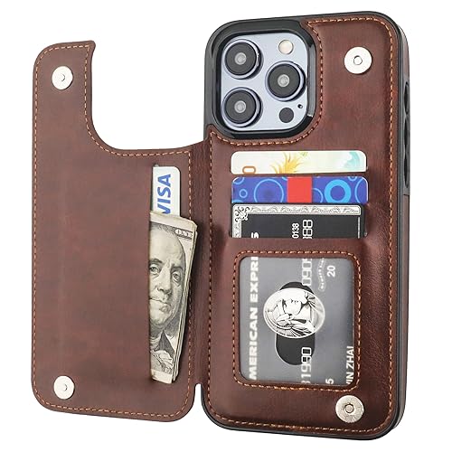 ONETOP for iPhone 15 Pro Max Wallet Case with Credit Card Holder,Brown | Kickstand,ID/Cash Holder,Case Wallet with Card Slots,Double Magnetic Clasp,Durable PU Leather Shockproof Cover for Women Men - color: Brown