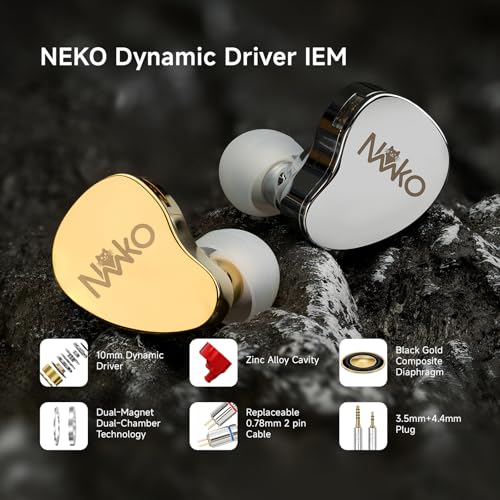 CVJ Neko IEM Wired Gaming Earbuds, 10mm Dynamic Driver HiFi in-Ear Monitors with 3.5 & 4.4mm Plugs, Deep Bass Headphones with Detachable Silver-Plated Cable for Audiophiles, Singers, Musicians - Gold - color: Gold