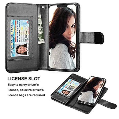 NJJEX Compatible with iPhone 13 Mini Case/iPhone 13 Mini Wallet Case 5.4" (2021), [9 Card Slots] PU Leather Credit Holder Folio Flip [Detachable] Kickstand Magnetic Phone Cover & Lanyard [Black] | PU leather, ID Credit Card Holder, detachable folio flip,