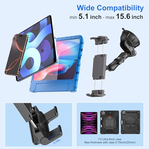 PLDHPRO Tablet Holder for Car Dashboard & Windshield, Universal iPad Car Mount Suction Cup Stand for 5.5" - 14.6" Phones & Tablets Compatible with iPhone 17/16/15, iPad, Galaxy Tab - 5.5-14.6 inch - size: 3.7 in Arm
