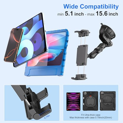 PLDHPRO Tablet Holder for Car Dashboard & Windshield, Universal iPad Car Mount Suction Cup Stand for 5.5" - 14.6" Phones & Tablets Compatible with iPhone 17/16/15, iPad, Galaxy Tab - 5.5-14.6 inch - size: 3.7 in Arm