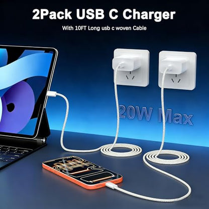 iPhone 17 Charger Fast Charging, [Apple MFi Certified] 2Pack Long 10FT USB C to C Woven Cable Cord Quick iPhone Charger Block for Apple i-Phone 17 Pro Max/17e/Air/16 Pro/15/iPad - size: 10FT