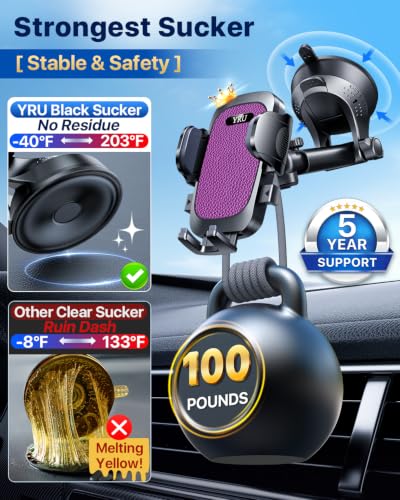 YRU【True Military-Grade Safety & Patent Certs 360°Rotation Car Phone Holder【100+LBS Strong Suction & Clip】 Windshield Dash Vent Cell Phone Mount Cradle for iPhone17 16 Pro Max Truck Samsung, Purple - color: Purple