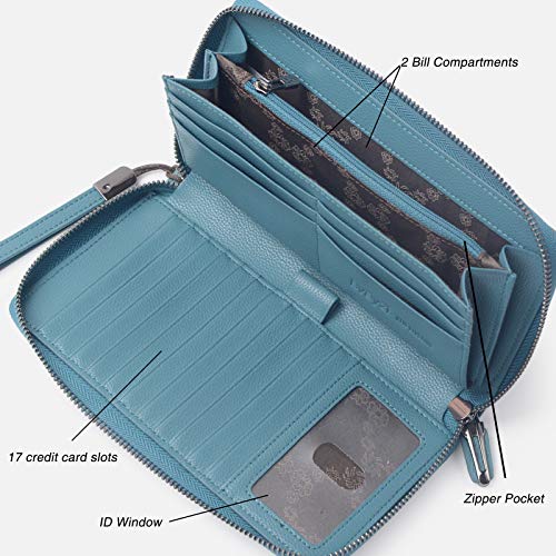 Bveyzi Women RFID Blocking Wallet Leather Zip Around Phone Clutch Large Capacity Ladies Travel Purse Wristlet - color: Lake Blue