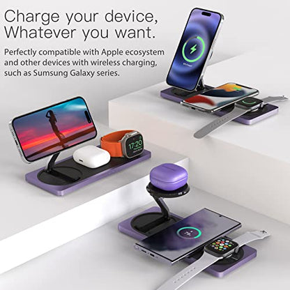 PETINO Mag-Safe Charger Stand, 3-in-1 Magnetic Wireless Charging Station for Apple Devices, iPhone 15/14/13/12 Series, Apple Watch, AirPods Pro (Purple) - color: Purple
