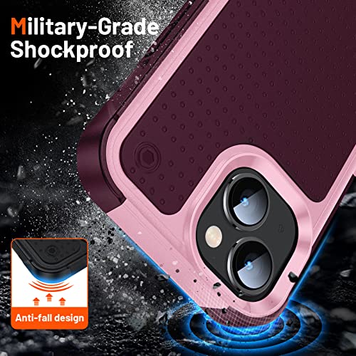 Designed for iPhone 14 Case iPhone 13 Case 2 in 1 Gift Militay Grade Drop Protective Rugged Heavy Duty Cover Shockproof Case for iPhone 14 Phone Case for Women Men boy Girl (Pink+Rose Red) - color: Pink+Rose Red