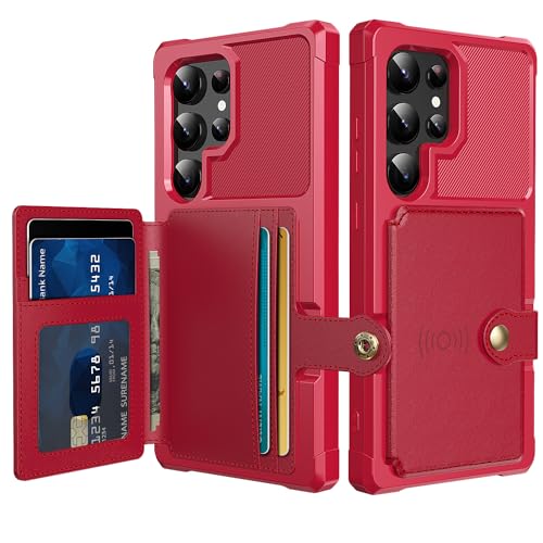 for Samsung Galaxy S24 Ultra Case with Card Holder, Compatible with Magnetic Car Mount, Heavy Duty Shockproof Rugged Soft TPU Back Leather Flip Wallet Cover 6.8 inch, Red | Compatible with Magnetic Car Mount, Shockproof Rugged Soft TPU Hard Back Leather W