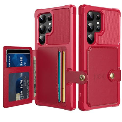 for Samsung Galaxy S24 Ultra Case with Card Holder, Compatible with Magnetic Car Mount, Heavy Duty Shockproof Rugged Soft TPU Back Leather Flip Wallet Cover 6.8 inch, Red | Compatible with Magnetic Car Mount, Shockproof Rugged Soft TPU Hard Back Leather W