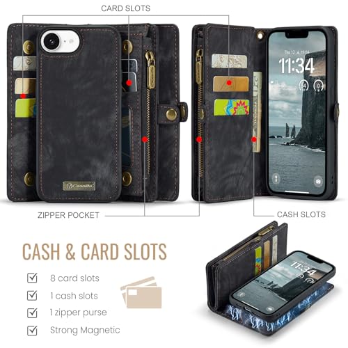 Compatible with iPhone 17E/16E Wallet Case with Magsafe,Black | Magnetic Detachable Case,Card Holder,Zipper Pocket,Strap Wristlet, Leather Drop-Proof Phone Case for iPhone 17E/16E - color: (Detachable and Magsafe)-Black, size: iPhone 16E/17E 6.1 Inch