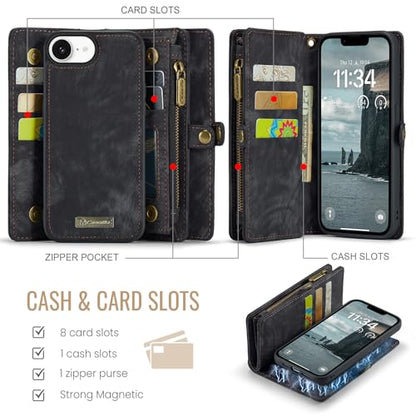 Compatible with iPhone 17E/16E Wallet Case with Magsafe,Black | Magnetic Detachable Case,Card Holder,Zipper Pocket,Strap Wristlet, Leather Drop-Proof Phone Case for iPhone 17E/16E - color: (Detachable and Magsafe)-Black, size: iPhone 16E/17E 6.1 Inch