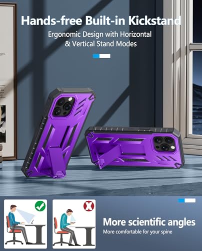 FNTCASE for iPhone 14 Pro Max Case, Built-in Screen Protector, Kickstand | 20FT Military-Grade Drop Protection, Anti-Slip Matte Textured, Rugged Heavy Duty Shockproof TPU Protective Cover - color: Kickstand Purple
