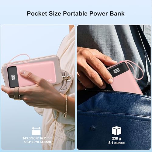 Portable Charger Built-in Cables,10000mAh Fast Charge Power Bank for iPhone - color: Pink
