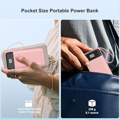 Portable Charger Built-in Cables,10000mAh Fast Charge Power Bank for iPhone - color: Pink