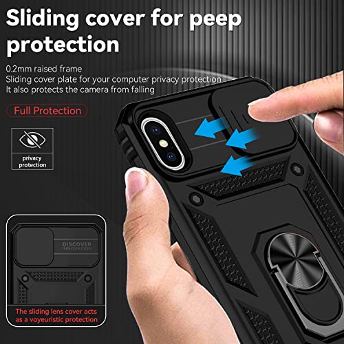 for iPhone Xs Max Case with Camera Lens Cover HD Screen Protector, Dual Layer Military Grade Drop Protection Magnetic Ring Holder Kickstand Protective Phone Case for iPhone Xs Max 6.5 inch (Black) - color: Black with camera cover Military-Grade 2nd gen
