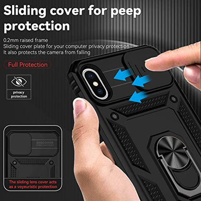 for iPhone Xs Max Case with Camera Lens Cover HD Screen Protector, Dual Layer Military Grade Drop Protection Magnetic Ring Holder Kickstand Protective Phone Case for iPhone Xs Max 6.5 inch (Black) - color: Black with camera cover Military-Grade 2nd gen
