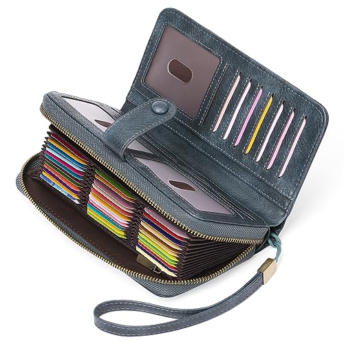 GAEKEAO Leather Credit Card Holder Wallet for Women RFID Blocking Large Capacity Bifold Zipper Card Case Organizer with Wristlet 45 Slots - color: Blue