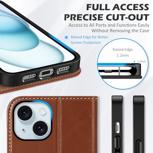 SHIELDON Genuine Leather Case Wallet for iPhone 15 6.1" 2023, Retro Brown | Magnetic Closure, RFID Blocking, Credit Card Slot, Kickstand, Flip Book Design, Shockproof Phone Cover - color: Retro Brown