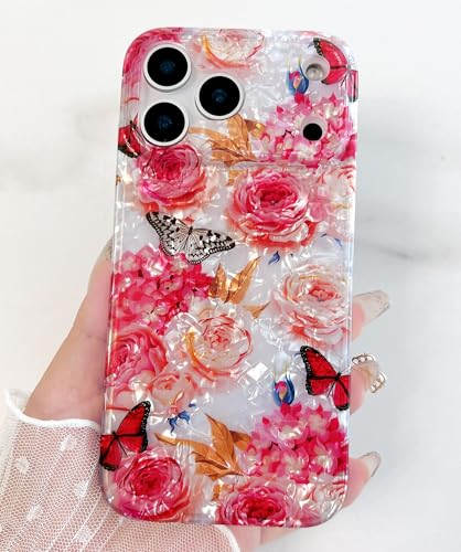 Qokey Compatible with iPhone 17 Pro Max Case 6.9", Cute Clear Flowers Design for Girls Women Shell Pattern Soft Bumper Lightweight Slim Fit TPU Shockproof Phone Cover, Rose Butterfly - color: Rose Butterfly