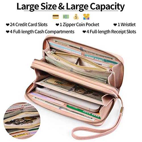 GAEKEAO RFID Leather Wristlet Wallet for Women with Grip Strap | Large capacity clutch wallet, credit card holder, wrist strap, zipper purse, travel and shopping - color: A10 Retro Light Pink-1