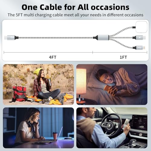 Travel Essentials 3in1 USB C Multi Charging Cable for iPhone Watch Charger - color: Gray&White, size: AC to C+L+iWatch
