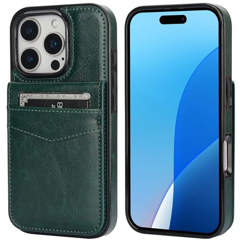 KIHUWEY for iPhone 16 Pro Wallet Case Card Holder Kickstand, Dark Green | Credit Card Slots, PU Leather, Magnetic Clasp, Flip Heavy Duty Protection Cover for Men and Women - color: Dark Green