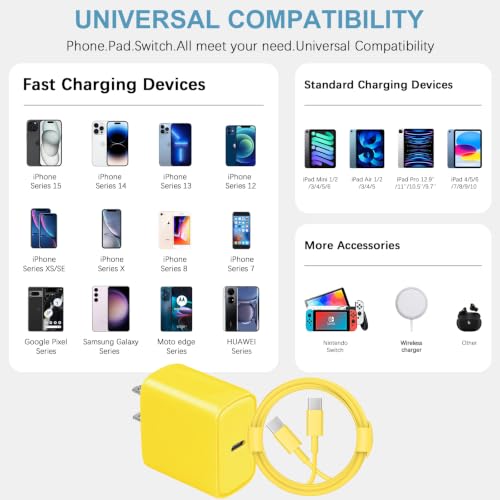 3FT iPhone 17 16 15 Charger Fast Charging USB C Charger Block - color: Yellow, size: 3FT