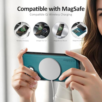 Shieldtop Compatible with MagSafe iPhone 17 Wallet Case,Blue Green | 2 in 1 Detachable Magnetic,Credit Card Holder Slots,RFID Blocking,PU Leather,Kickstand,Flip Folio Phone Cover for Men & Women - color: Blue Green, size: iPhone 17 - 6.3"