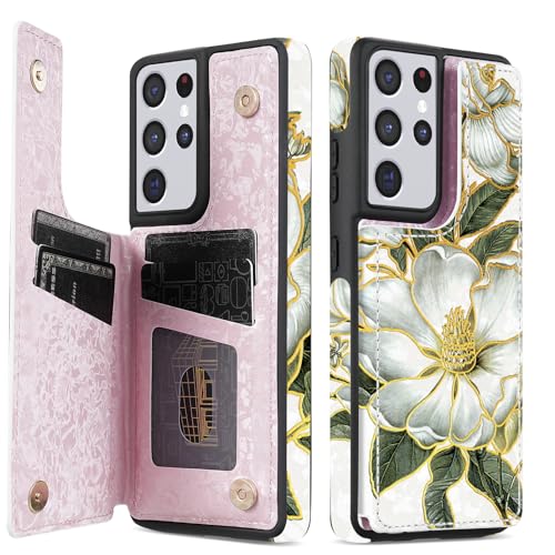 NNH Compatible with Samsung Galaxy S21 Ultra Wallet Case with RFID Blocking Card Slots Flip PU Leather Kickstand Double Magnetic Clasp Design Cover for Galaxy S21 Ultra(6.8 inch-Magnolia Flowers) - color: Magnolia Flowers, size: Galaxy S21 Ultra 6.8 inch
