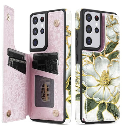 NNH Compatible with Samsung Galaxy S21 Ultra Wallet Case with RFID Blocking Card Slots Flip PU Leather Kickstand Double Magnetic Clasp Design Cover for Galaxy S21 Ultra(6.8 inch-Magnolia Flowers) - color: Magnolia Flowers, size: Galaxy S21 Ultra 6.8 inch