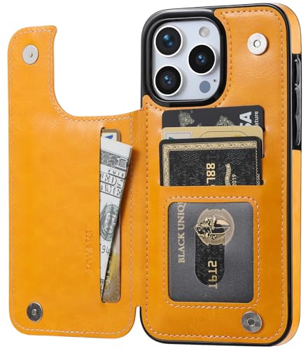 Wallet Case Compatible with iPhone 15 Pro Max(6.7"),Slim Protective Card Holder case with 1 Screen Protector,Premium PU Leather Kickstand Card Slots Case-Yellow - color: Yellow