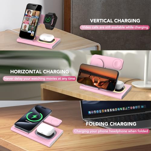 3 in 1 Foldable Charging Station for Apple Wireless Charger - color: Pink