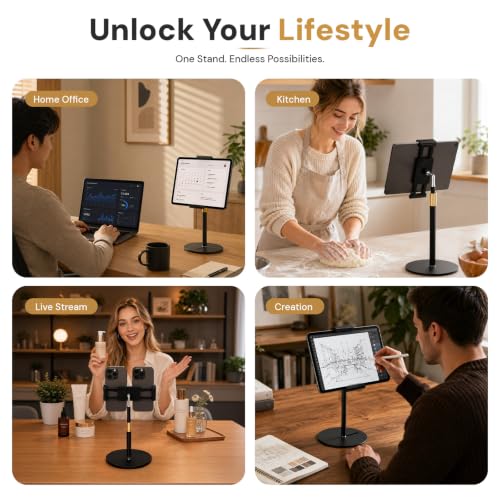 Tablet Stand for Desk, Height Adjustable 9.8-20" iPad Stand Holder with Dual Device Support, Heavy Duty Metal Base 360° Rotation Portable Monitor Stand for iPad Pro Samsung Tab Kindle Phone