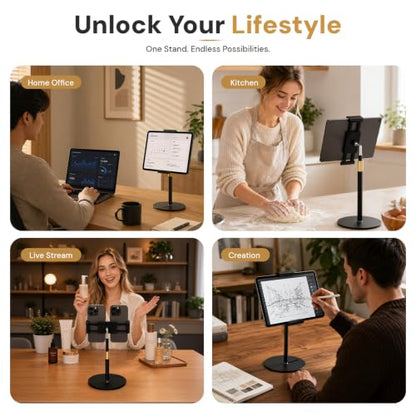 Tablet Stand for Desk, Height Adjustable 9.8-20" iPad Stand Holder with Dual Device Support, Heavy Duty Metal Base 360° Rotation Portable Monitor Stand for iPad Pro Samsung Tab Kindle Phone