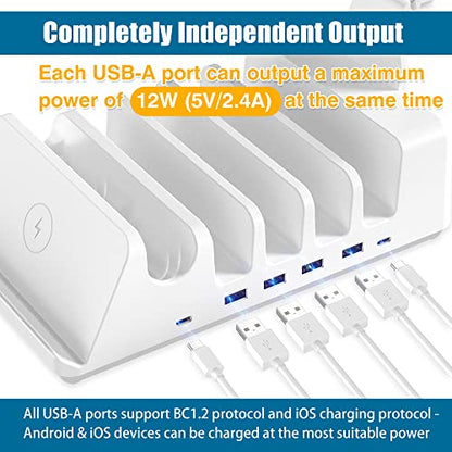 AGVEE 140W 7in1 Multi USB Charging Station Organizer Family Block Hub with Multi Cables, 3 Wireless Charger Dock for Pad Phone Cell Phone Android Tablet Multiple Devices, White