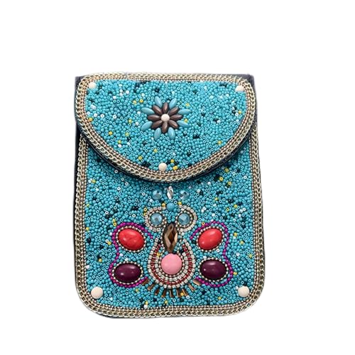 Women's Mobile Phone Bag, Cellphone Pouch, Retro Beads Shoulder Bag, Handcrafted Embellished Clutch Purse, Beaded Design - color: 15b