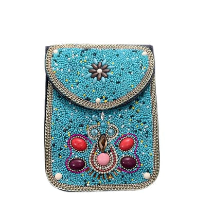 Women's Mobile Phone Bag, Cellphone Pouch, Retro Beads Shoulder Bag, Handcrafted Embellished Clutch Purse, Beaded Design - color: 15b