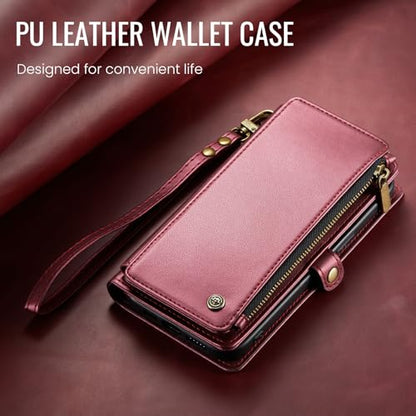 Defencase for iPhone 17 Wallet Case with RFID Blocking Card Holder, WineRed | Durable Soft PU Leather, with Zipper Pocket, Wrist Strap, Fashion Snap Flip Phone Cases Cover with Stand for Women and Men - color: Wine Red