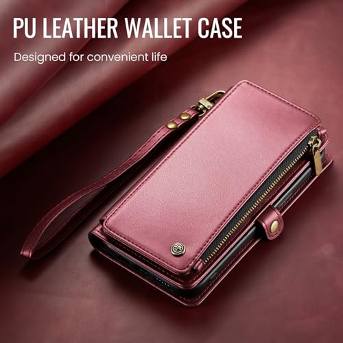 Defencase for iPhone 14 Wallet Case with RFID Blocking Card Holder, WineRed | Durable Soft PU Leather, with Zipper Pocket, Wrist Strap, Fashion Snap Flip Phone Cases Cover with Stand for Women and Men - color: Wine Red