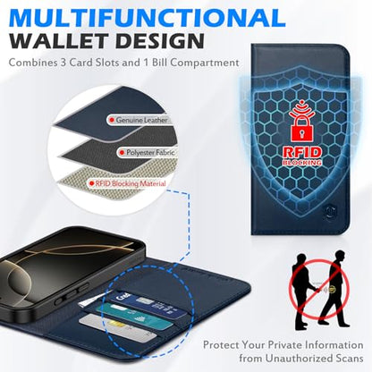 SHIELDON Genuine Leather Flip Case Wallet for iPhone 16 Pro 6.3", Navy Blue | Magnetic Closure, RFID Blocking, Credit Card Slot, Viewing Stand, Foldable Design, Shockproof TPU Phone Cover - color: Navy Blue