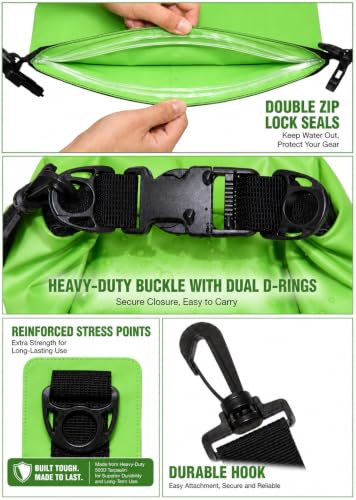 Freegrace Waterproof Dry Bag with Double Zip-Lock, Phone Case & Waist Pouch | 10L Green, Submersible 500D Drysack, Adjustable Crossbody Strap, Floating Gear For Kayaking, Boating, Beach, Swimming, Diving - color: Green, size: 10L, style: Without Window