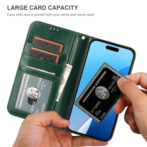 Bocasal Detachable Wallet Case Card Holder for iPhone 16 Pro Max Green | RFID Blocking Kickstand Card Slots Holder PU Leather Magnetic Shockproof Wrist Strap Removable Flip Protective Cover 6.9 inch - color: Green
