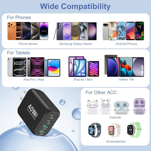 40W USB C Charger Block, Besgoods 25W Super Fast Charging with 6ft Long Braided USB C Cable Set for iPhone 17 16 15 Pro Max Galaxy S26 S25 iPad Tablets Androids - color: Black