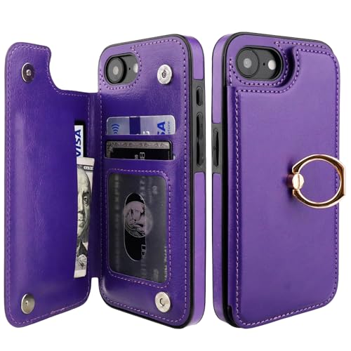 ONETOP for iPhone 17e/16e Wallet Case with Credit Card Holder,Purple | 360° Rotation Ring Kickstand,Finger Grip,Double Magnetic Clasp,RFID Blocking PU Leather Shockproof Cover for Women Men - color: Purple