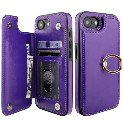 ONETOP for iPhone 17e/16e Wallet Case with Credit Card Holder,Purple | 360° Rotation Ring Kickstand,Finger Grip,Double Magnetic Clasp,RFID Blocking PU Leather Shockproof Cover for Women Men - color: Purple
