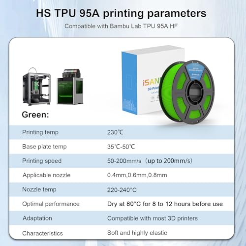 iSANMATE HS TPU Filament 1.75mm, Green TPU 95A HF High Speed, 1kg | Flexible Tough Wear-Resistant Elastic; HF TPU 50-200mm/s; Compatible with Bambu Lab and Most FDM 3D Printer; for TPU Beginner - color: Green, size: TPU-HS-95A