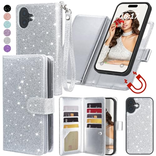 Varikke for iPhone 16 Glitter Case Wallet Magnetic Detachable, Silver - color: (Standard) Silver, size: iPhone 16 6.1"