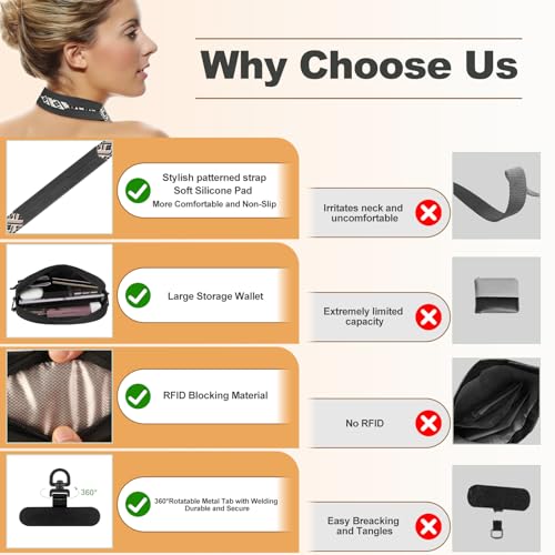 YFWE Clip and Go Strap for Phone with Wallet Crossbody, Adjustable Phone Lanyard with Detachable RFID Wristlet Wallet, Pattern Strap - Black (L) - color: Black-pattern Strap, size: Large