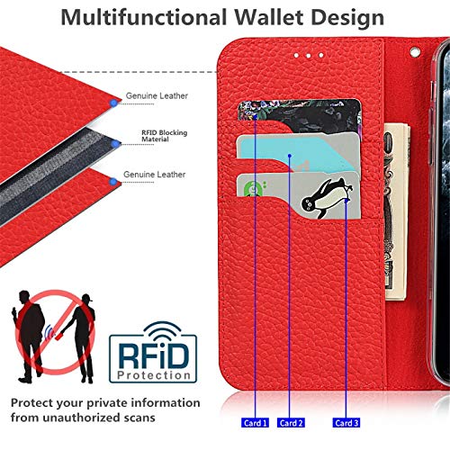 iCoverCase Compatible with iPhone 13 Wallet Case, RFID Blocking Genuine Leather Magnetic Case with Wrist Strap and Card Slots Kickstand Feature Flip Cover 6.1 Inch (Red) - color: Red, size: iPhone 13