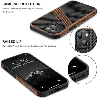 TENDLIN Compatible with iPhone 15 Case Wood Grain with Carbon Fiber Texture Design Leather Hybrid Slim Case (Three Stripe) - color: Three Stripe, size: iPhone 15